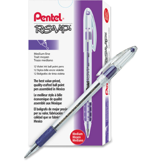 Pentel R.S.V.P. Ballpoint Stick Pens - Medium Pen Point - 1 mm - Violet - 12 / Dozen